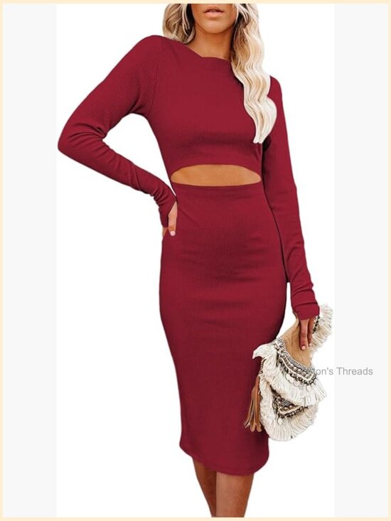 Dresses & Skirts - Crew Neck Long Sleeve Cutout Bodycon Midi Dress